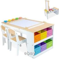 2-in-1 Kids Wooden Art Table and Art Easel Set with Chairs Paper Roll Storage Bins