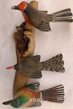 3 Hand Carved Canaries Perched On A Carved Wooden Log With 3 Nests Hand Painted