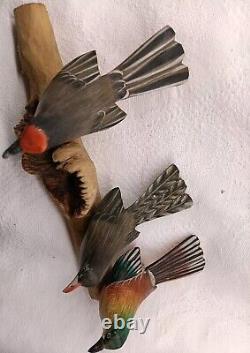 3 Hand Carved Canaries Perched On A Carved Wooden Log With 3 Nests Hand Painted