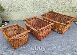 3x Wicker Storage Baskets Log/ Kindling Fireside Box with Wooden Handles Rustic