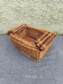 3x Wicker Storage Baskets Log/ Kindling Fireside Box with Wooden Handles Rustic