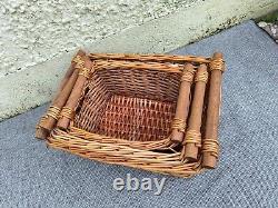 3x Wicker Storage Baskets Log/ Kindling Fireside Box with Wooden Handles Rustic