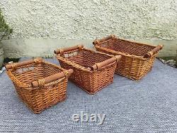 3x Wicker Storage Baskets Log/ Kindling Fireside Box with Wooden Handles Rustic