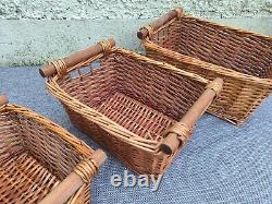 3x Wicker Storage Baskets Log/ Kindling Fireside Box with Wooden Handles Rustic