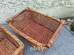 3x Wicker Storage Baskets Log/ Kindling Fireside Box with Wooden Handles Rustic