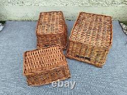 3x Wicker Storage Baskets Log/ Kindling Fireside Box with Wooden Handles Rustic