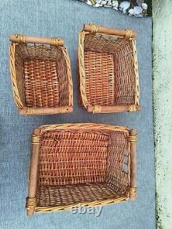 3x Wicker Storage Baskets Log/ Kindling Fireside Box with Wooden Handles Rustic