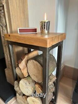 61cm Industrial Metal Iron Wooden Top Side Table Log Holder Fireside Storage