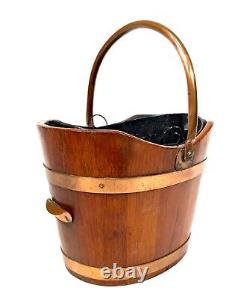 Antique Wooden Oak Coal Scuttle Bucket / Log Storage / Burner With Liner c. 1900