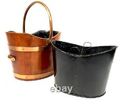 Antique Wooden Oak Coal Scuttle Bucket / Log Storage / Burner With Liner c. 1900