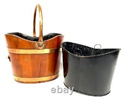 Antique Wooden Oak Coal Scuttle Bucket / Log Storage / Burner With Liner c. 1900