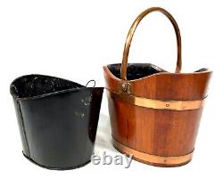 Antique Wooden Oak Coal Scuttle Bucket / Log Storage / Burner With Liner c. 1900