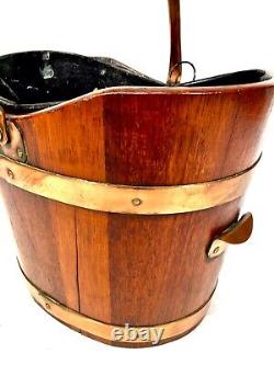 Antique Wooden Oak Coal Scuttle Bucket / Log Storage / Burner With Liner c. 1900