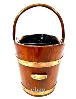 Antique Wooden Oak Coal Scuttle Bucket / Log Storage / Burner With Liner c. 1900