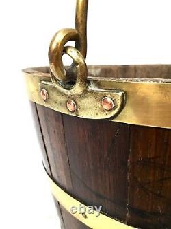 Antique Wooden Oak Decorative Bucket / Planter / Fire Log Store / Brass Banding