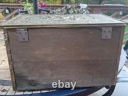 Antique wooden Brass Covered Embossed log Fireplace ash storage 10.5x16.5x10.5