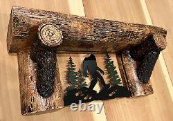 Bigfoot Rustic Wooden Sawn Log Look Wall Shelf with Iconic Walking Sasquatch Met