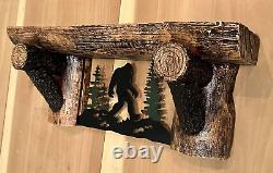 Bigfoot Rustic Wooden Sawn Log Look Wall Shelf with Iconic Walking Sasquatch Met