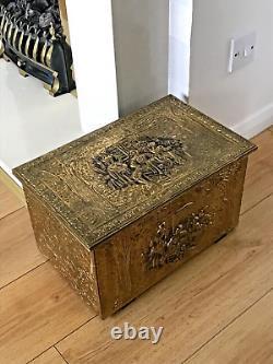 Brass Embossed Wooden Coal/Log Box 17 Fireplace Stove Storage With Tavern Scene