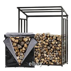 Firewood Rack Matt Black Steel Wooden Storage Log Holder with Waterproof Cover