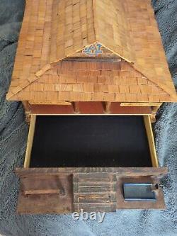 Handmade Wooden Storage- Jewelry Box Log Cabin Trading Post 14x17x10 Antique Art