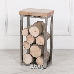 Iron Frame Log Store Side Table With Wooden Top