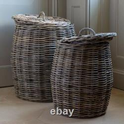 Rattan Lidded Laundry Basket, Kubu Wooden Blanket Log Washing Large Storage Bin