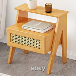 Rattan Weaving Nightstand Wooden Bedside Cabinet Bedroom Storage Cabinet UK