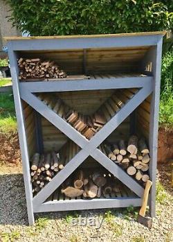 Stylish outdoor Wooden Log store. 4ft wide, 5ft high. With kindling shelf