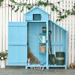 Tall Wooden Garden Shed Cabinet Patio Tool Equipment Storage Shelf Log Rack Blue