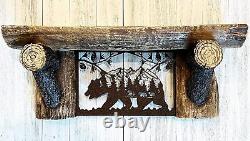 Top Brass Rustic Wooden Sawn Log Look Wall Shelf with Metal Bear Wilderness