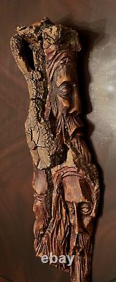 VINTAGE POLISH FOLK ART HANDMADE WOODEN of 3 MEN'S FACES CARVING FROM SINGLE LOG