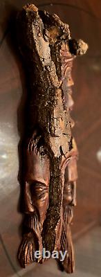 VINTAGE POLISH FOLK ART HANDMADE WOODEN of 3 MEN'S FACES CARVING FROM SINGLE LOG