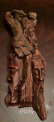 VINTAGE POLISH FOLK ART HANDMADE WOODEN of 3 MEN'S FACES CARVING FROM SINGLE LOG