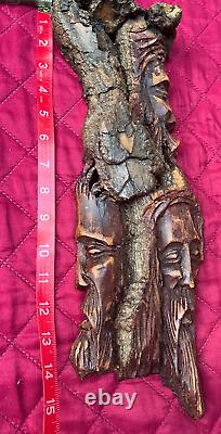 VINTAGE POLISH FOLK ART HANDMADE WOODEN of 3 MEN'S FACES CARVING FROM SINGLE LOG