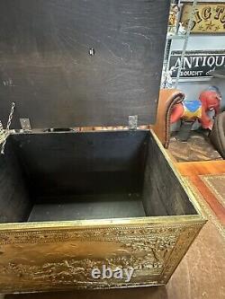 Vintage Brass Embossed Wooden Coal/log Storage Box 47x33x32cm