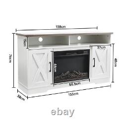 WHITE Wooden TV Stand Fireplace Electric LED Flame Media Console Storage Cabinet