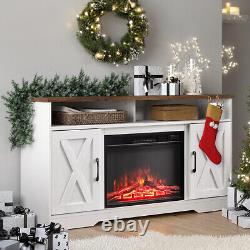 WHITE Wooden TV Stand Fireplace Electric LED Flame Media Console Storage Cabinet