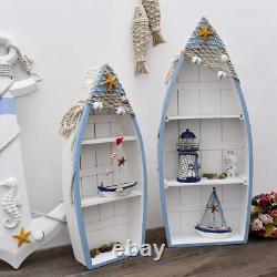 Wooden Boat Shelf Set of 2, Beach Theme Standing Display Boat with 3 Shelves