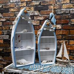 Wooden Boat Shelf Set of 2, Beach Theme Standing Display Boat with 3 Shelves