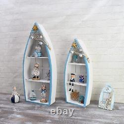 Wooden Boat Shelf Set of 2, Beach Theme Standing Display Boat with 3 Shelves