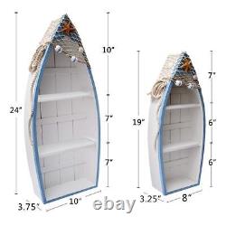 Wooden Boat Shelf Set of 2, Beach Theme Standing Display Boat with 3 Shelves