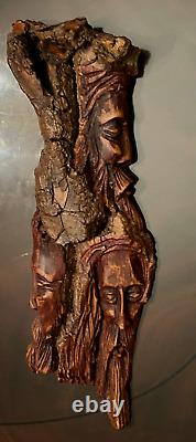 ART POPULAIRE POLONAIS VINTAGE EN BOIS FAIT MAIN DE 3 VISAGES D'HOMMES SCULPTÉS DANS UN SEUL TRONC