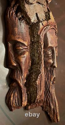 ART POPULAIRE POLONAIS VINTAGE EN BOIS FAIT MAIN DE 3 VISAGES D'HOMMES SCULPTÉS DANS UN SEUL TRONC