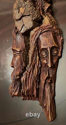 ART POPULAIRE POLONAIS VINTAGE EN BOIS FAIT MAIN DE 3 VISAGES D'HOMMES SCULPTÉS DANS UN SEUL TRONC