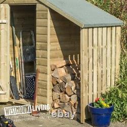 Abri de jardin en bois 4x3 avec appentis pour bûches et espace de rangement pour outils d'extérieur