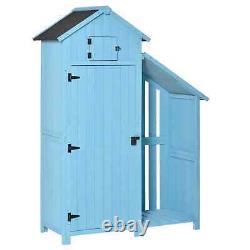 Armoire de jardin en bois grande pour patio, outils de rangement, étagère, support à bûches bleu