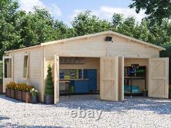 Atelier en bois avec double garage en cabane en rondins pour 2 voitures, hangar de stockage Deore 19,5 x 18