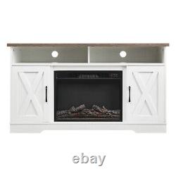 Meuble TV en bois blanc avec cheminée électrique, console multimédia avec LED et rangement.