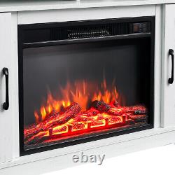 Meuble TV en bois blanc avec cheminée électrique, console multimédia avec LED et rangement.